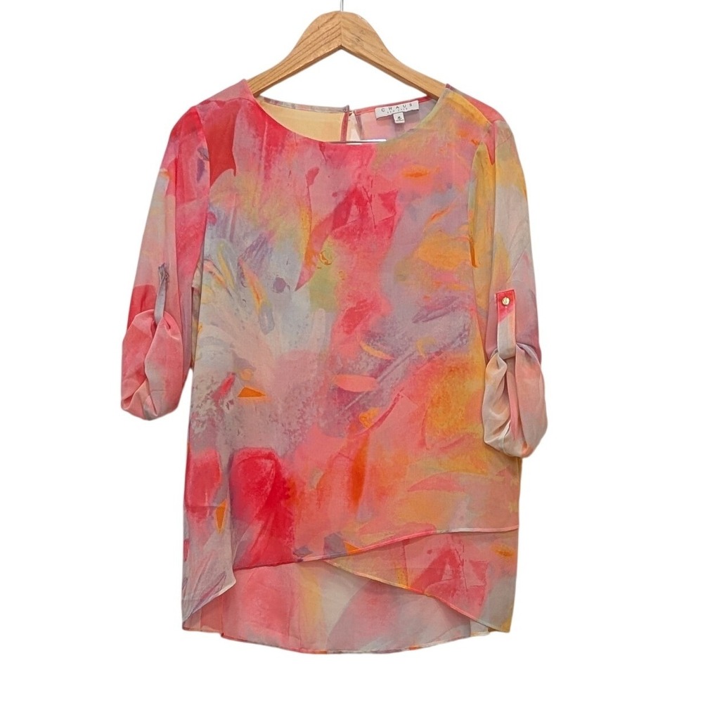 Chaus New York Blouse Pink Orange Abstract Floral Roll Tab - Medium